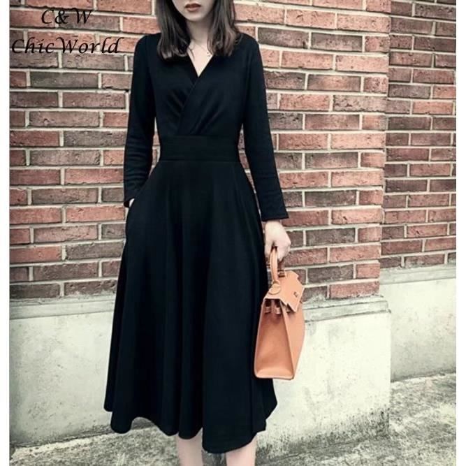 Noir Vintage Style Longue Robe Femme Temperament V Neck Epaissir Slim Grande Taille Robe De Bureau Automne Hiver Mode Sexy Robe Noir Achat Vente Robe Cdiscount