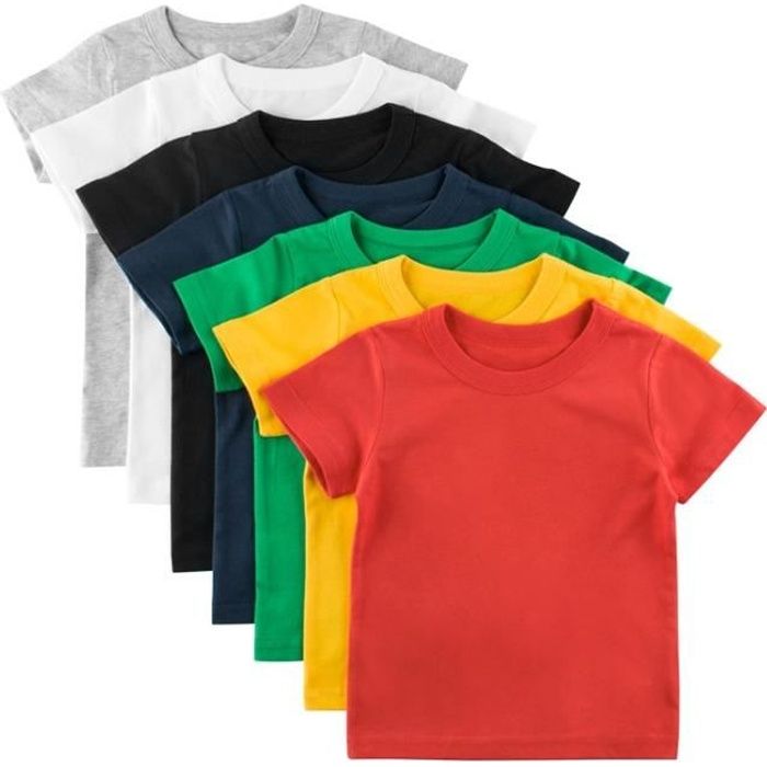 Lot de 7 T-Shirt Garçon Filles à Manches Courtes Coton Enfants Bébé Été Couleur Uni Tee 1-7 Ans