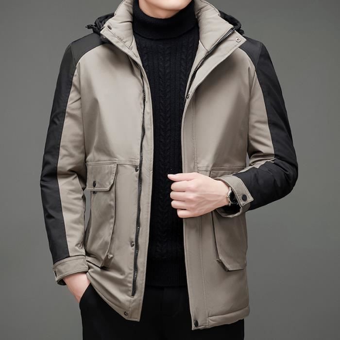Doudoune Homme Bicolore A Capuche Hiver Chaude Col revers Kaki clair Kaki clair Cdiscount Pret a Porter