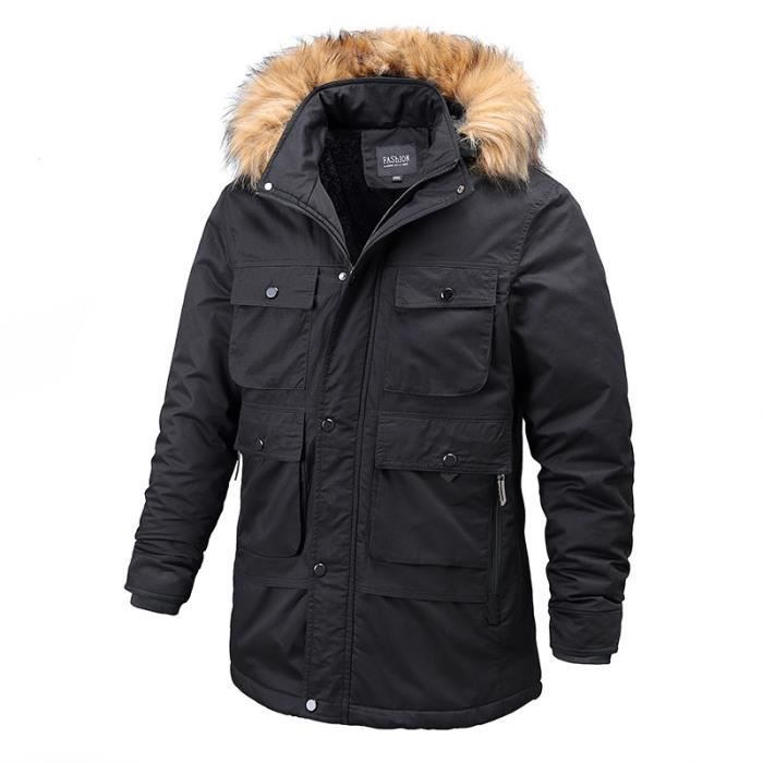 Parka Homme Hiver Coton Multipoches Chapeau detachable Capuche fausse fourrure Noir Cdiscount Pret a Porter