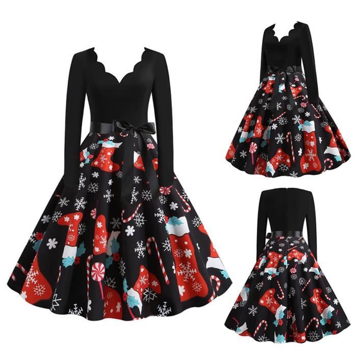 Femmes Vintage ?� manches longues No?�l des ann?�es 1950 femme au foyer soir?�e robe de bal Noir 