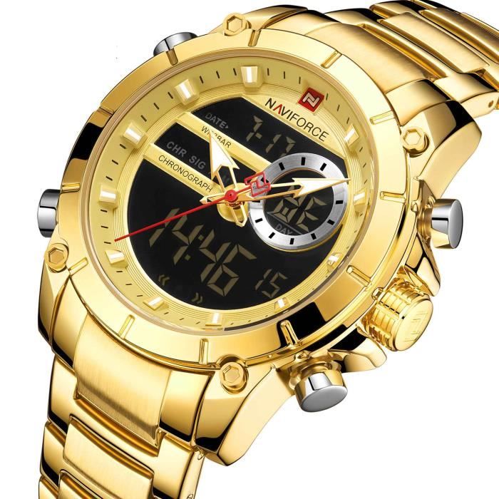 lingyue top marque hommes chronographe sport montre-bracelet en acier étanche double affichage quartz mâle montres - or