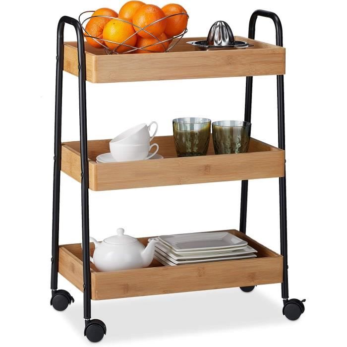 Relaxdays Servierwagen Chariot De Service Bambou Et Fer - 2 Étages Avec Roues - 57 X 46 X 28 Cm Naturel/Noir