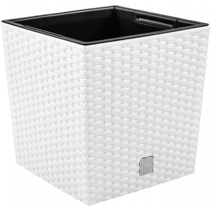 Pot De Fleurs Carré Prime Garden - Plastique Imitation Rotin, Résistant Au Gel - Avec Insert - 32x32x32 Cm, Couleur Moka