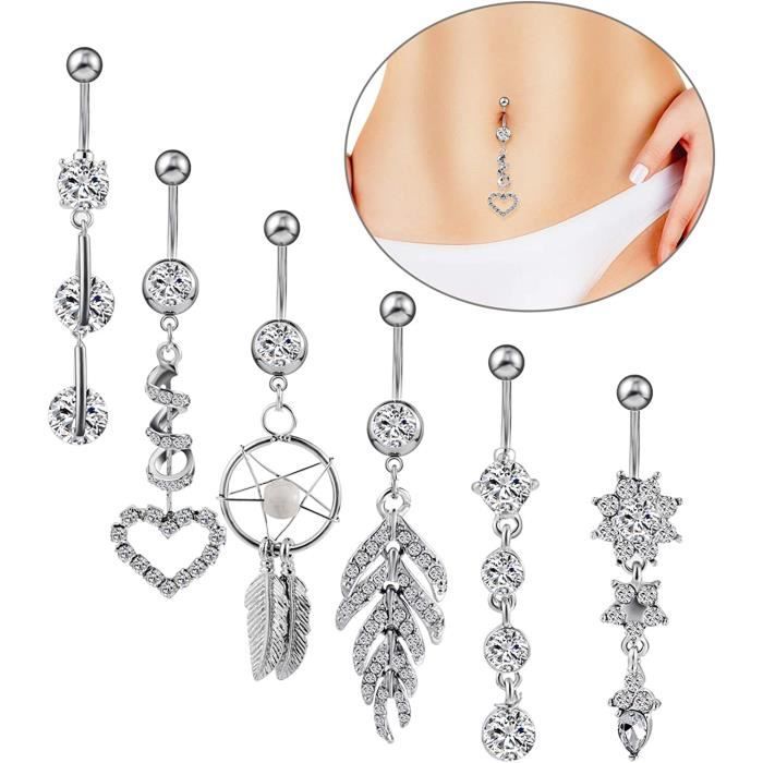 Lot De 5 Piercings Nombril 14G - Pendentifs Cœur Papillon Avec Zircone, Couleur Argenté, Pour Maillot De Bain Et Tenues D'été