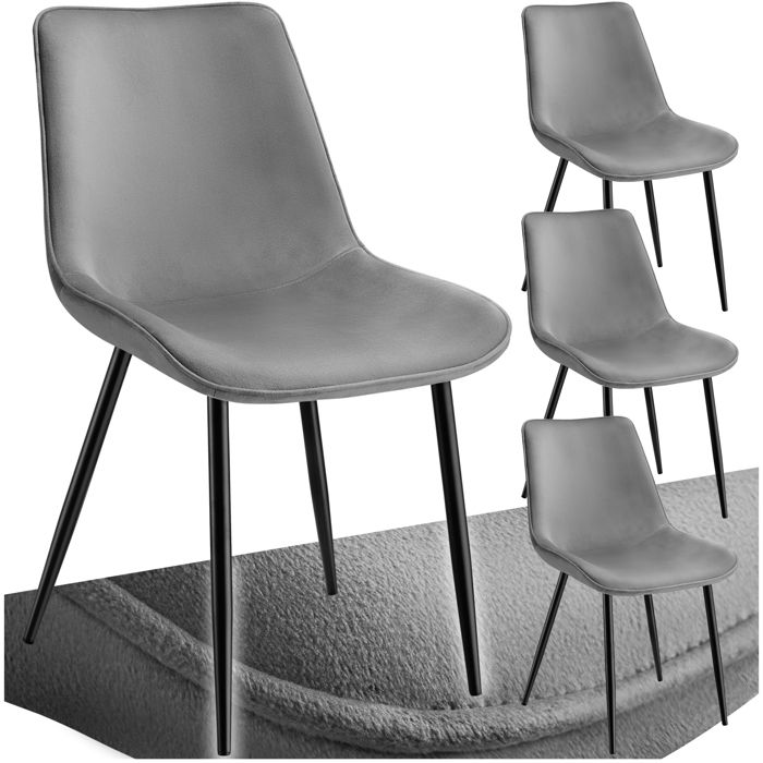 Chaise - TECTAKE - Lot de 4 fauteuils MONROE aspect velours et ergonomique pieds en acier noir 48 x 59 x 825 cm - Gris