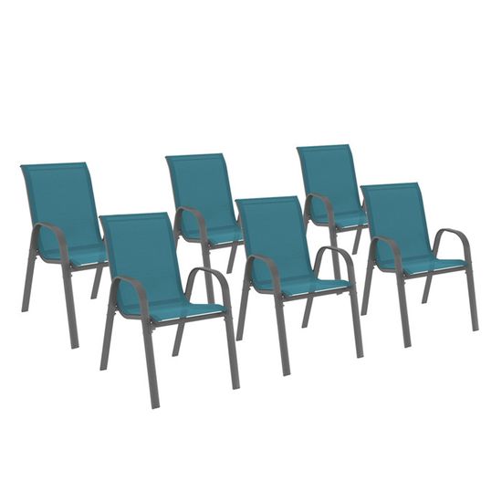 IDMarket Lot 6 Chaises Jardin LYMA - Métal Gris Anthracite - Textilène Bleu Canard - Empilables
