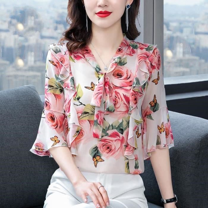 Chemisier Femme Mousseline Imprimé Floral - Manches 3/4, Col Poupée, Style Bohème, été Léger