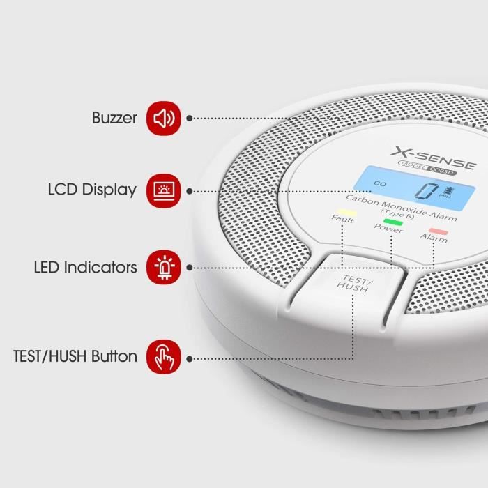 X-Sense SC08 Détecteur Combiné Fumée + Monoxyde De Carbone - Batterie 10 Ans, LCD, Conforme EN14604 & EN50291