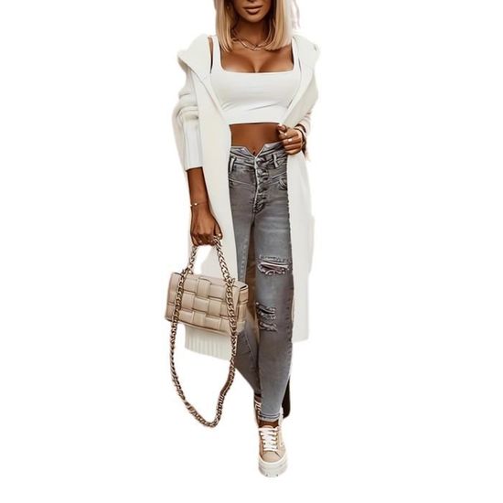 Cardigan Long Femme En Tricot épais - Capuche, Manches Longues, Style Casual - Veste D'hiver Chaude, Pull Over Taille Haute