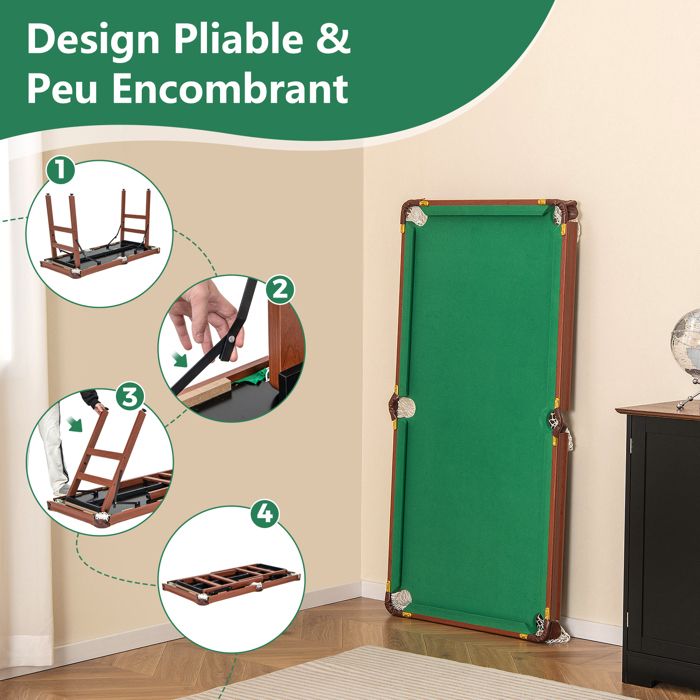 SPORTNOW Table De Billard Pliable Avec Accessoires 2 Queues, 16 Billes, Traingle, Craie, Dim. 104L X 55,5l X 68H Cm, Tapis Vert | France