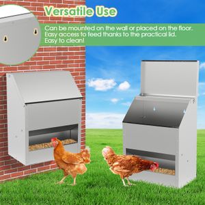 NAIZY 15 kg de nourriture pour poulets - Grand distributeur de nourriture pour poules - Galvanisé - Support mural avec couvercle, mitaines et cuillère - Distributeur automatique de nourriture pour