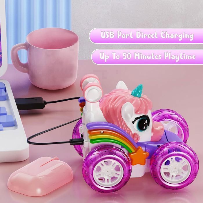 Voiture Télécommandée Licorne Pour Fille 3-6 Ans - Voiture RC Cascade Avec LED - Rechargeable USB - Télécommande 2,4 GHz - Cadeau Licorne Enfant