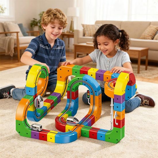Circuit Voiture Enfant 390 Cm – Piste Flexible Enroulable Double Voie + 4 Voitures Friction, Jouet 1/64 Portable