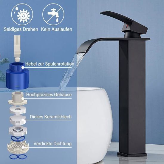 Robinet De Salle De Bain Cascade Haut En Laiton Noir Avec Eau Chaude Et Froide - TRAHOO