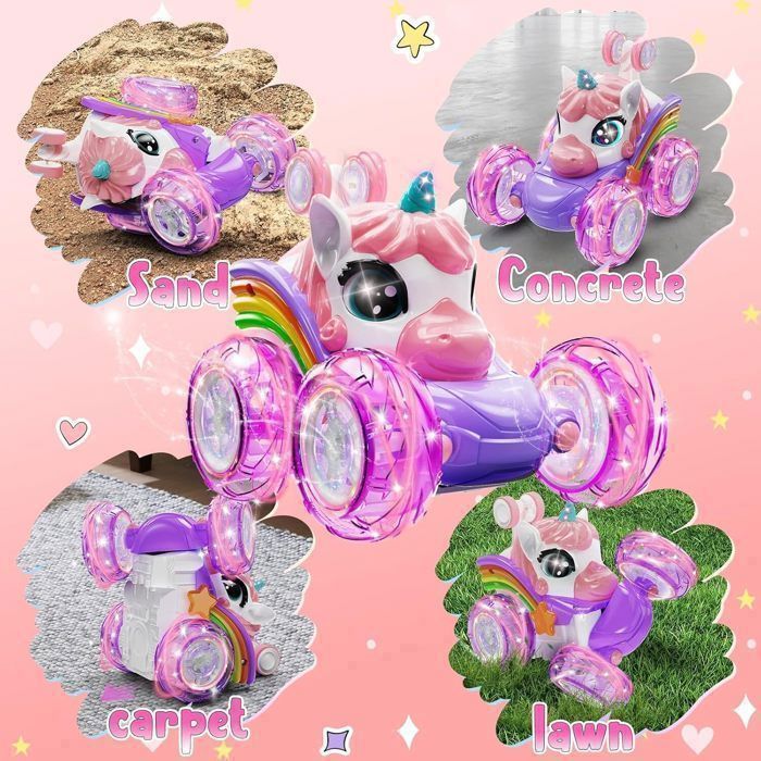 Joellfuner Voiture Télécommandée Licorne Enfant - 360° Rotation Cascadeuse Avec Lumières LED - Jouet Tout-Terrain 3 Ans Et + Cadeau Fille Garçon