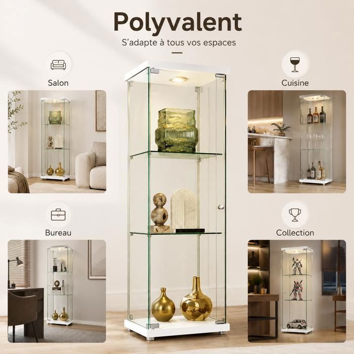 DADEA Vitrine En Verre 3 Étagères Avec LED Et Serrure - Meuble Vitrine Salon Blanc 125x42x36 Cm, Parfaite Pour Collections Et Décoration