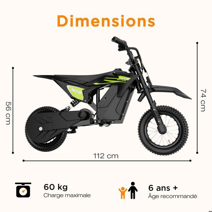 Moto électrique pour enfants A14 Vert, 500W, 3 Vitesses 8-27KM/H, Pneus 14'' tout-terrain