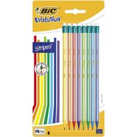 BIC Evolution Stripes avec Gomme Crayons à Papier HB avec Gomme Intégrée - Couleurs Assorties, Blister de 8