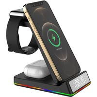 DWO Europe chargeur sans fil pliable 5 en 1 15W, horloge LED RGB, Station de charge rapide, Dock pour iPhone, Apple Watch