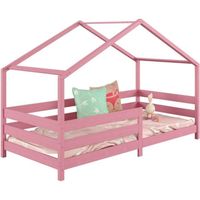 Lit cabane RENA lit simple pour enfant montessori 90 x 190 cm, avec barrières de protection, en pin massif lasuré rose