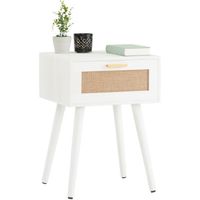 Table de chevet KIRAN 1 tiroir, table de nuit design vintage en bois blanc et lin