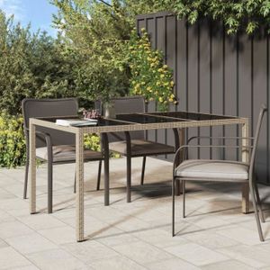 TABLE DE JARDIN  Meuble Table de jardin - 150x90x75 cm - Verre trempé-résine tressée beige - 28.4 KG
