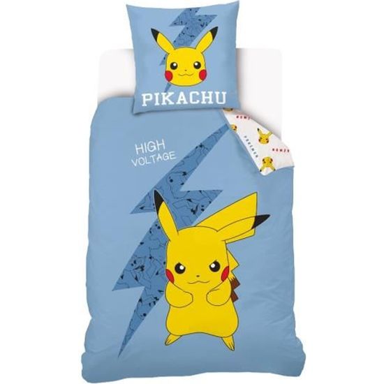 Pokemon - Parure De Lit Pikachu Réversible Enfant - Housse De Couette 140x200 cm + Taie d'oreiller 63x63 cm - Bleu - 100% Coton