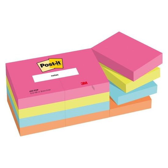 Notes repositionnables couleurs Poptimistic Post-it 38 x 51 mm - bloc de 100 feuilles - Lot de 12 - assorties