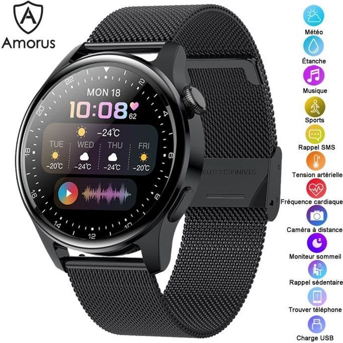 Montre Connectée Homme Femme Étanche, Sports Montre Appel Bluetooth Fitness Bracelet Lecteur MP3 Moniteur de Santé Calories,Noir
