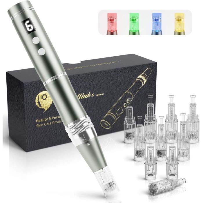 Stylo Derma Microneedling Pen Dermapen 0-2.5mm réglable avec 10 Têtes Aiguilles, Professionnel Micro-aiguilles Pen Électrique pour
