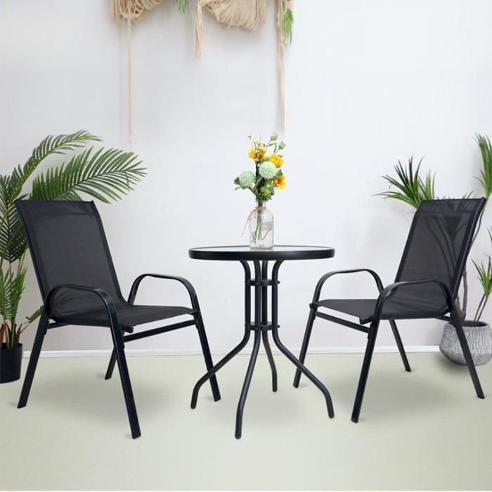totu® Noir Table de verre et 2 Chaises en tissu, table 60 x 70 cm, chaise 58 x 70 x 89 cm extérieur pour terrasse, Balcon, Jardin