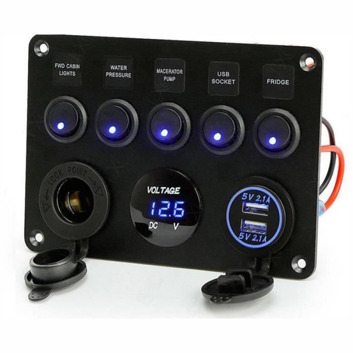 Panneau de commande à bascule, interrupteur marche arrêt à 5 gangs avec voltmètre numérique, 2 chargeur USB 12V pour voiture et bat