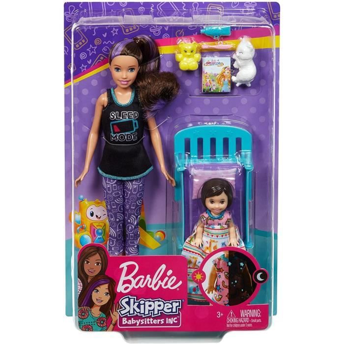 Coffret Poupee Skipper + Mini poupee enfant fille + Lit + Accessoires - Babysitter Barbie