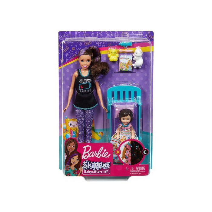 Coffret Poupee Skipper + Mini poupee enfant fille + Lit + Accessoires - Babysitter Barbie