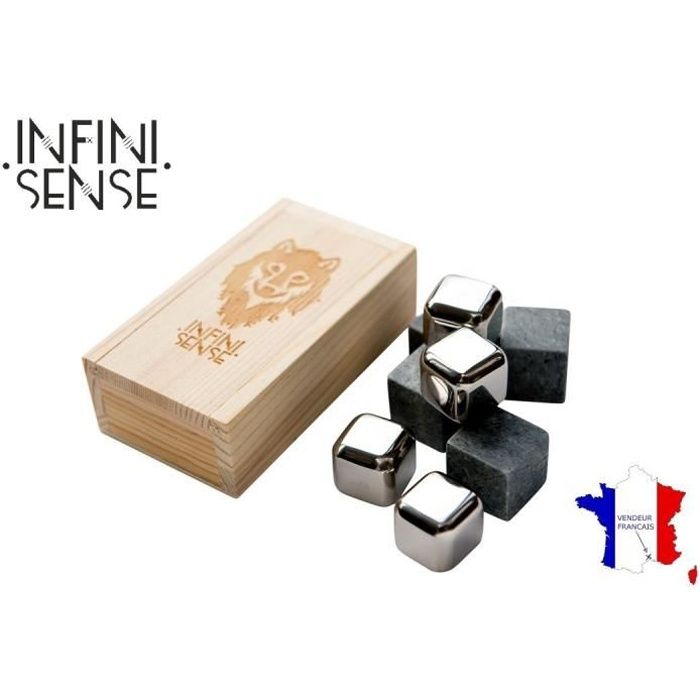INFINISENSE® Coffret de 8 glaçons pour whisky (4 en pierre de stéatite et 4 en Inox) - Boîte en bois - Glaçons réutilisables