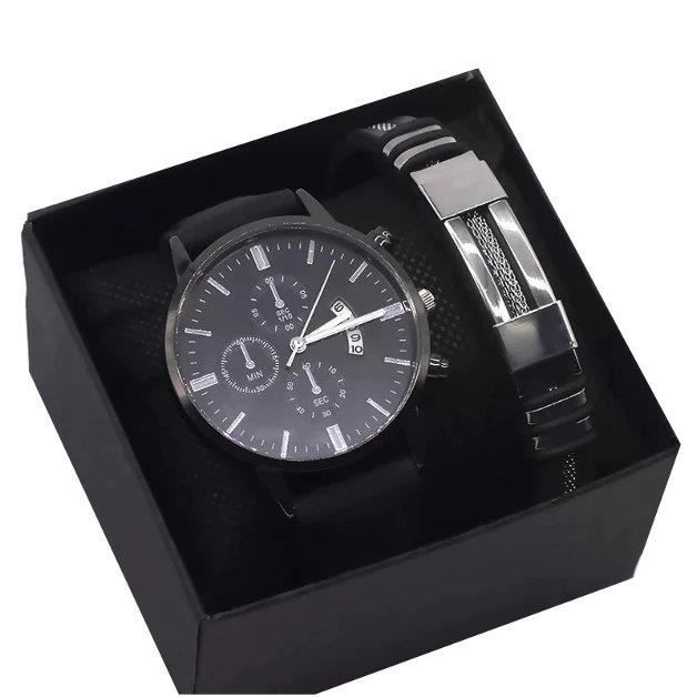 Coffret cadeau. Homme. Montre et Bracelet. V2. Couleur Noir Noir.