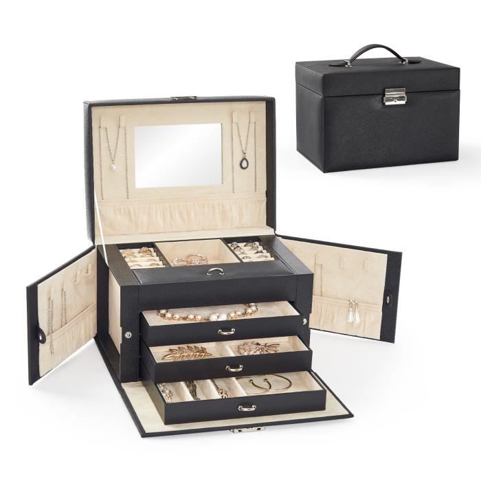 Boîte à bijoux - Boîte à quatre couches pour le stockage - le rangement de bijoux en PU - Noir - Meerveil