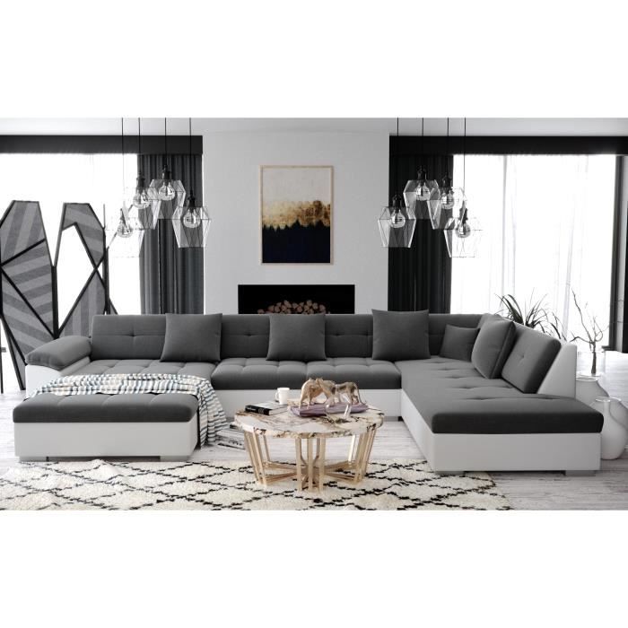 ATIS - Canapé d'angle panoramique XXL en U - en Tissu gris et simili blanc - Angle Droit