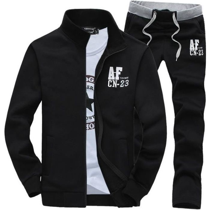 Jogging survêtement Hommes Imprimée Manches longues Grande Taille deux pièces Zipper Veste + Pantalon Noir
