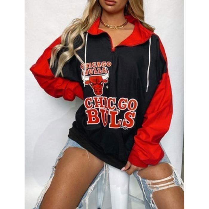 Sweat,Noir rouge lettre impression Sport décontracté sweat femmes Vintage marque Design fermeture éclair col en vrac - Type Black