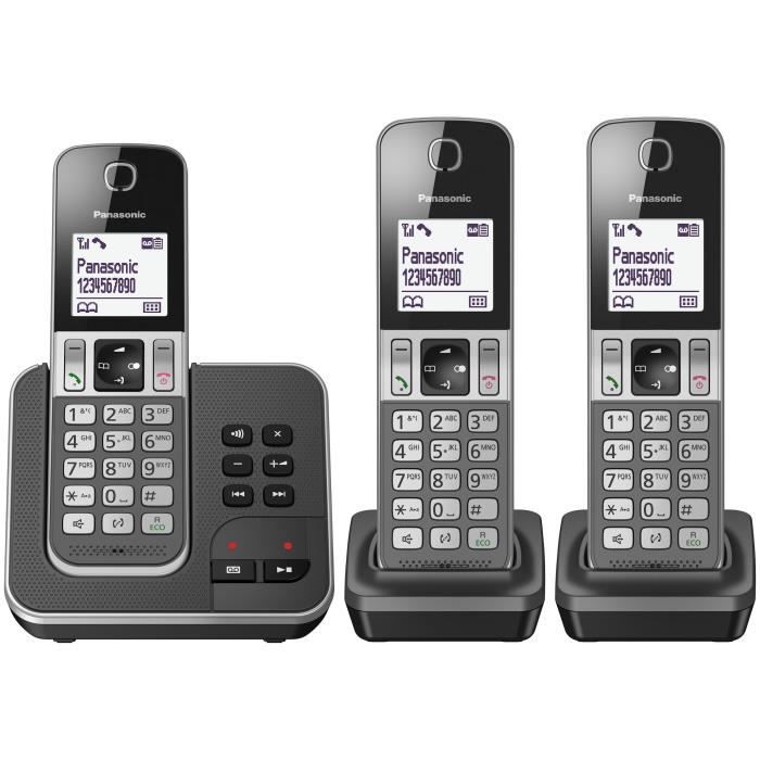 Panasonic KX-TGD323FRG, Téléphone DECT, Combiné sans fil, Haut-parleur, 120 entrées, Identification de l'appelant, Noir