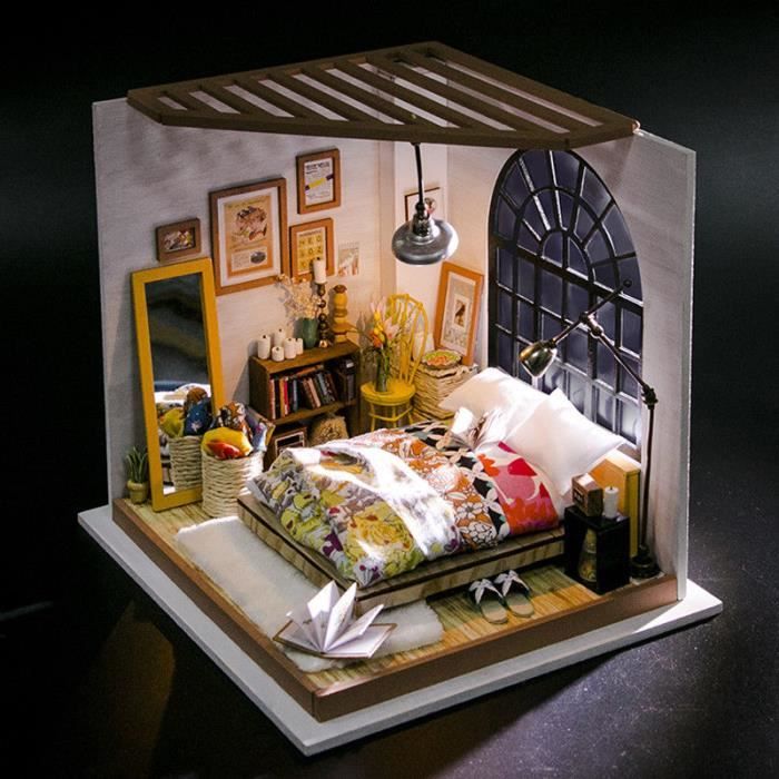ROBOTIME Meubles et accessoires de maison de poupée - Adorable maison, miniature en bricolage - Modèle de chambre à coucher en bois