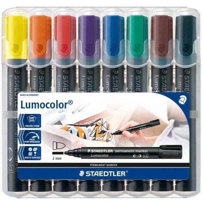 Etui Chevalet Box 8 Marqueurs Lumocolor Permanents Pointe Ogive 2 mm Assortis