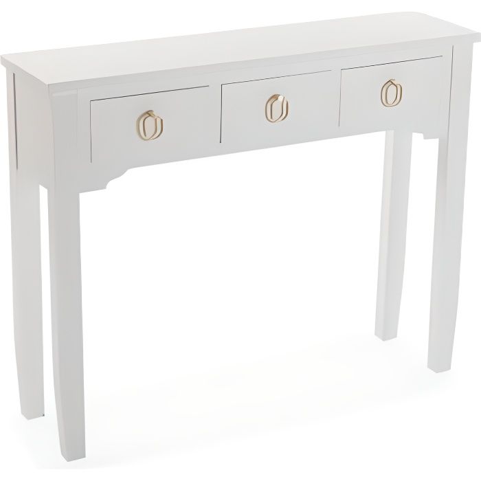 Console en bois blanc 3 tiroirs poignées dorées KANNA