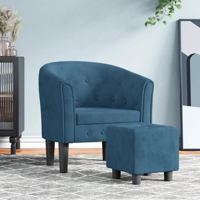 chic fauteuil salon moderne fauteuil cabriolet avec repose-pied bleu foncé velours design9303
