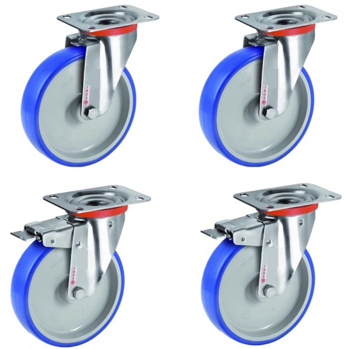 Lot De 2 Roulettes Industrielles 100mm 130kg - Polyuréthane Filetage M10 Avec Frein
