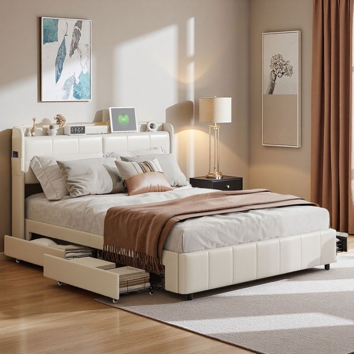 Lit Double 160x200 - Sommier Coffre - 4 Tiroirs - Ports USB Intégrés - Design Minimaliste
