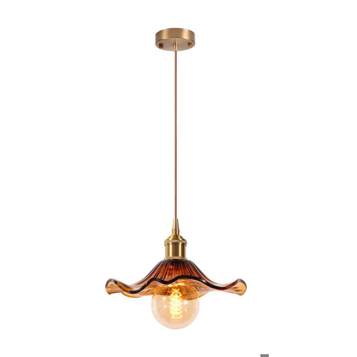 Diday Lustre IndustrielLampe Suspension Vintage Abat-jour en Verre Design Fleur E27 Luminaire Rétro Style NordiqueAmbre