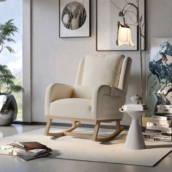 Fauteuil à bascule pied en bois massif oreiller lombaire design moderne tissu en lin rocking chair 68x93x96 cm beige
